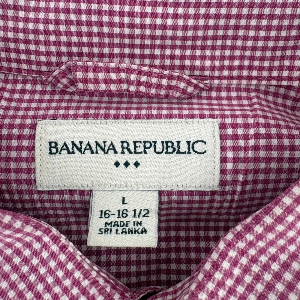 Banana Republic Mens L Burgundy Gingham Cotton Button Down Shirt 16-16.5